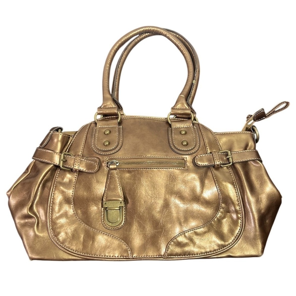 Stylish Bronze Metallic Faux Leather Satchel Handbag Purse Double Handle Bag